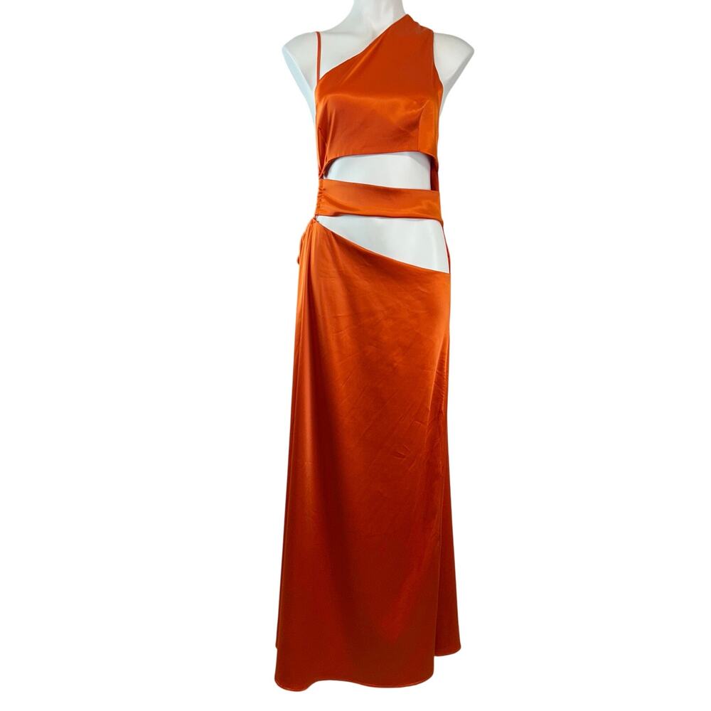 AKIRA Orange One-Shoulder Cutout Satin Prom Dress